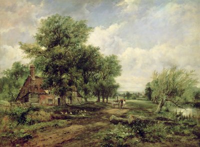 Paysage fluvial boisé avec une chaumière et une charrette tirée par des chevaux - Frederick Waters Watts